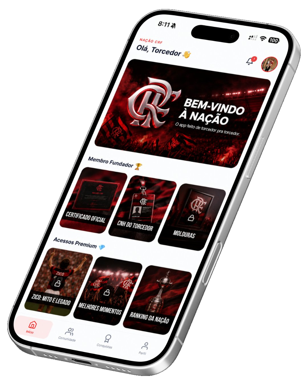 App Nação Club — tela inicial com banner Bem-vindo à Nação, certificado oficial e acessos premium
