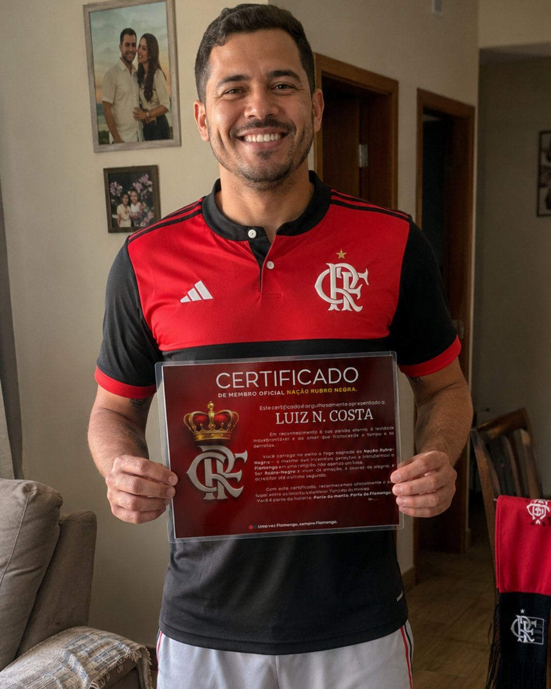 Luiz N. Costa, torcedor da Nação, segurando o certificado oficial plastificado em sua casa