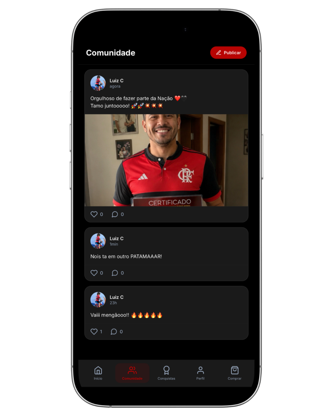 App Nação Club — Comunidade da Nação com posts de torcedores reais celebrando juntos