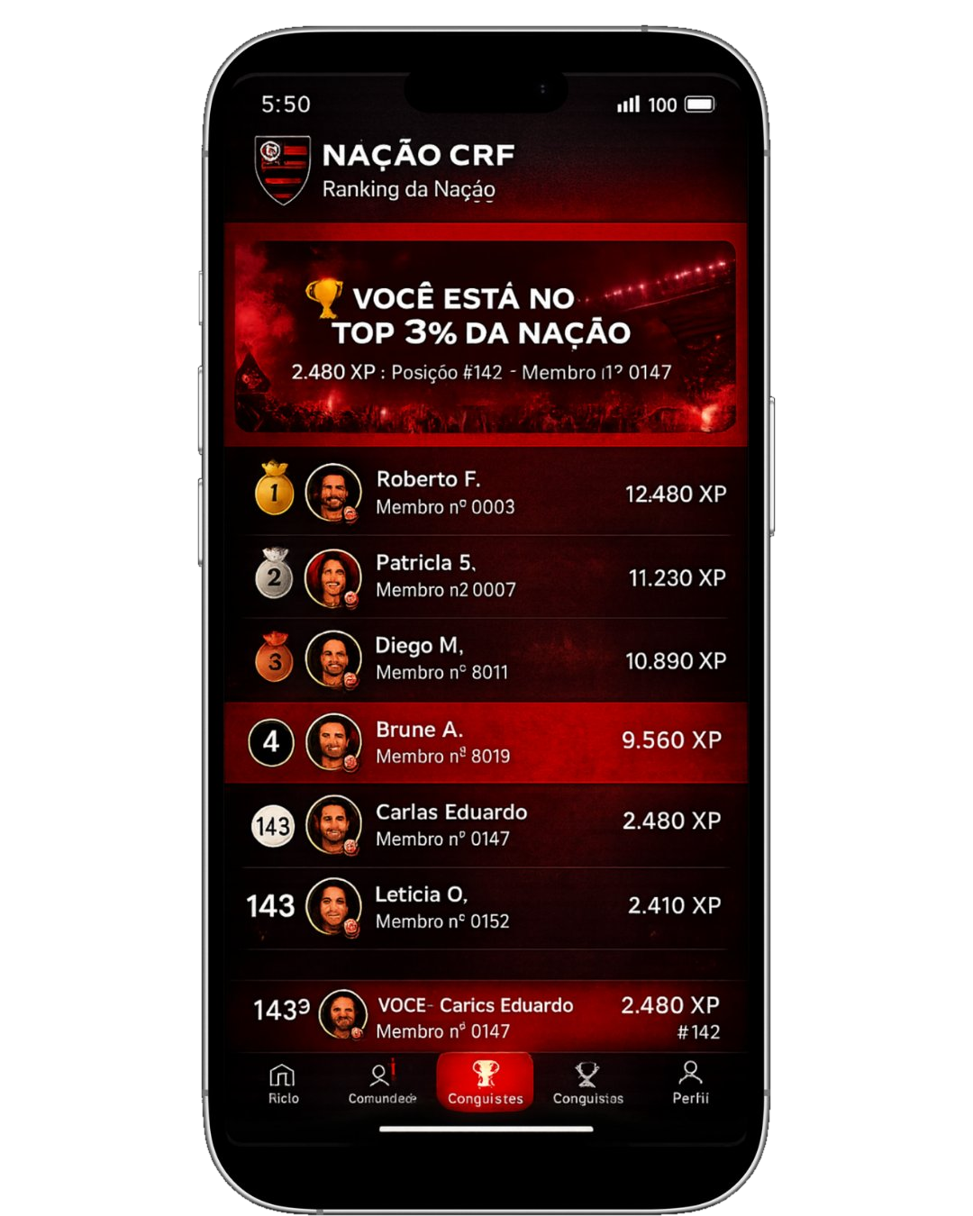 Tela do app Nação Club — Ranking dos torcedores mais engajados