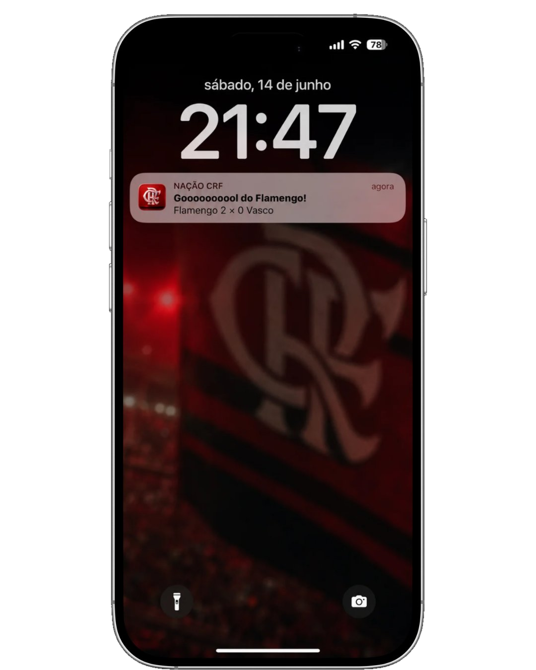 iPhone com notificação push do app Nação Club: Goooooooool do Flamengo! Flamengo 2 x 0 Vasco